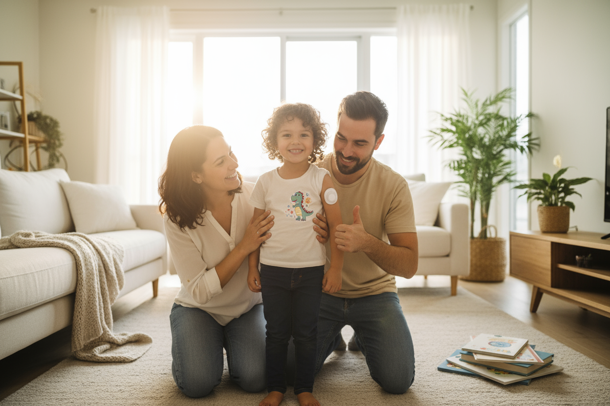 realistic photo of family with kid wearing a cute cgm